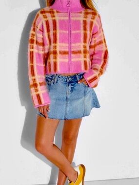 Women's Full Zip Mock Turtleneck Cardigan-Pink Plaid by Wild Fable